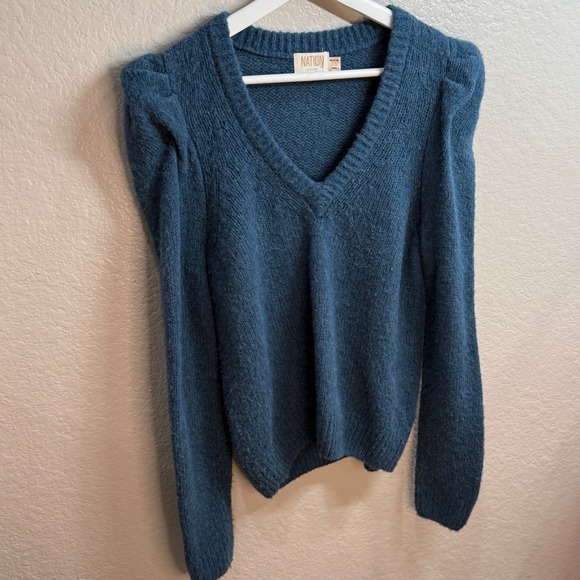 Nation LTD Baby Alpaca Wool Blend Sweater Sz XS Structured Puff Shoulder PERU - Picture 2 of 8